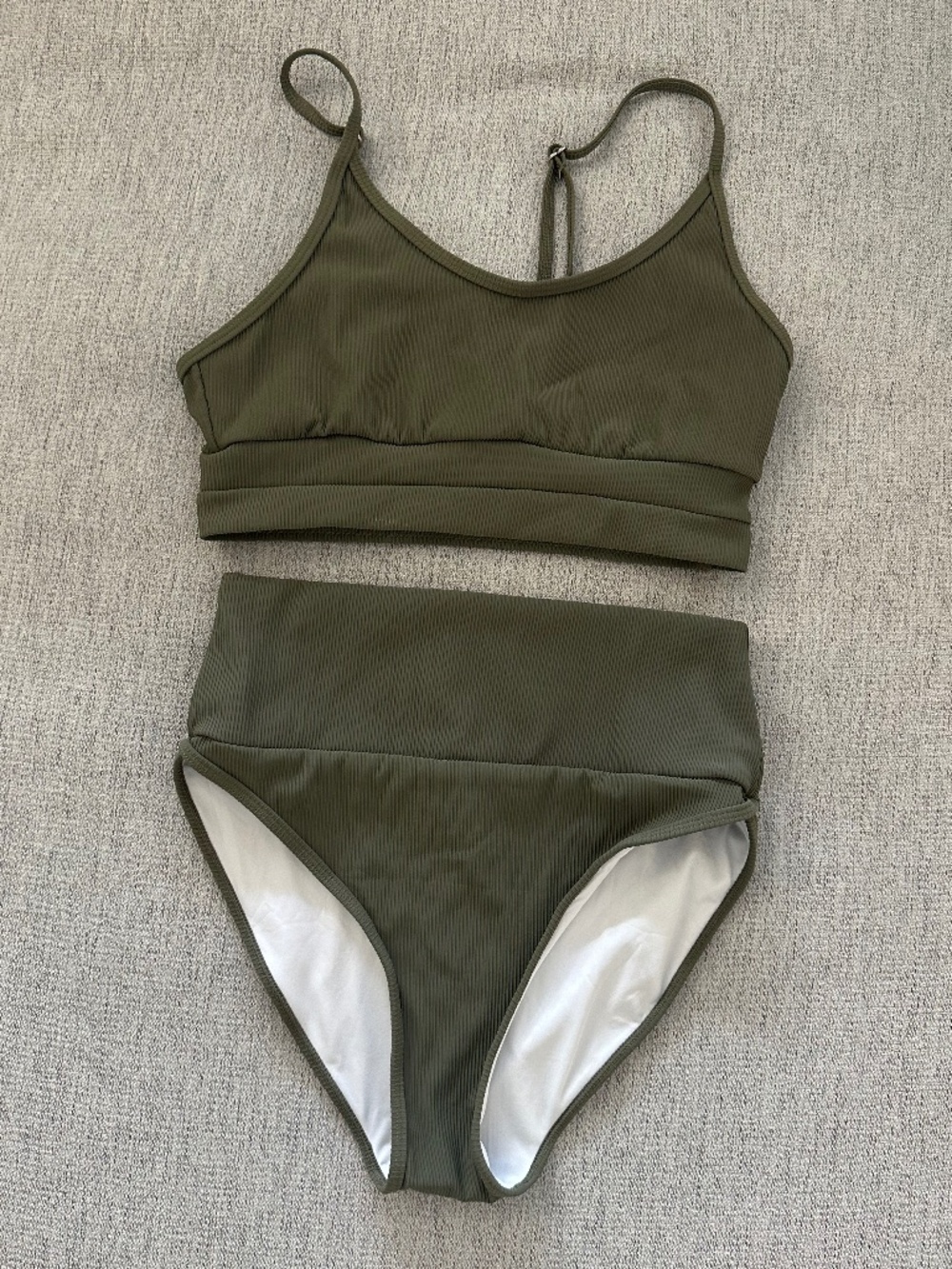 High Waisted Bikini Olive Green Color Block Bathing Suit - Size S